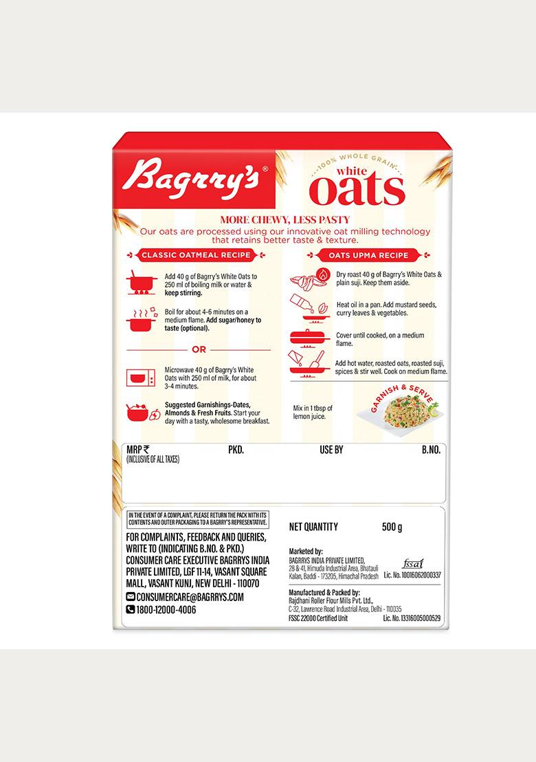 Bagrry'S White Oats 500Gm Box | Natural Whole Grain | High Soluble Fibre | Protein Goodness| Non Gmo | Breakfast Cereal | Instant Oats