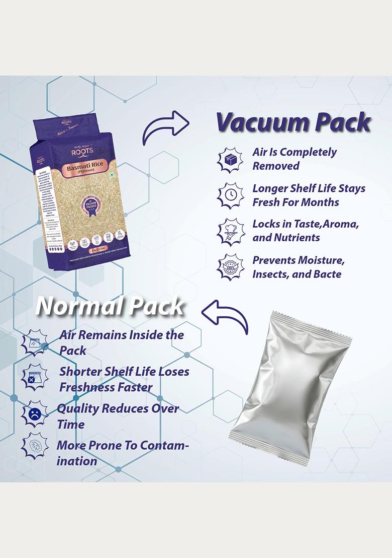 Roots Platinum Basmati Rice 1 Kg | Long Grain Aromatic | Premium Export Quality | Vacuum Packed | Aged Rice | Pesticides Free | Preservatives Free | 100% Pure & Natural