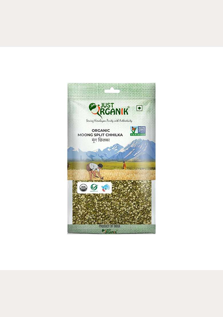 Just Organik - Organic Moong Split Chilka 1 Kg, 100% Organic | Moong Dal | Green Moong | Naturally Gluten Free | Rich In Protein | Hari Moong | Moon Chilka | Moong Dal Split - Indya
