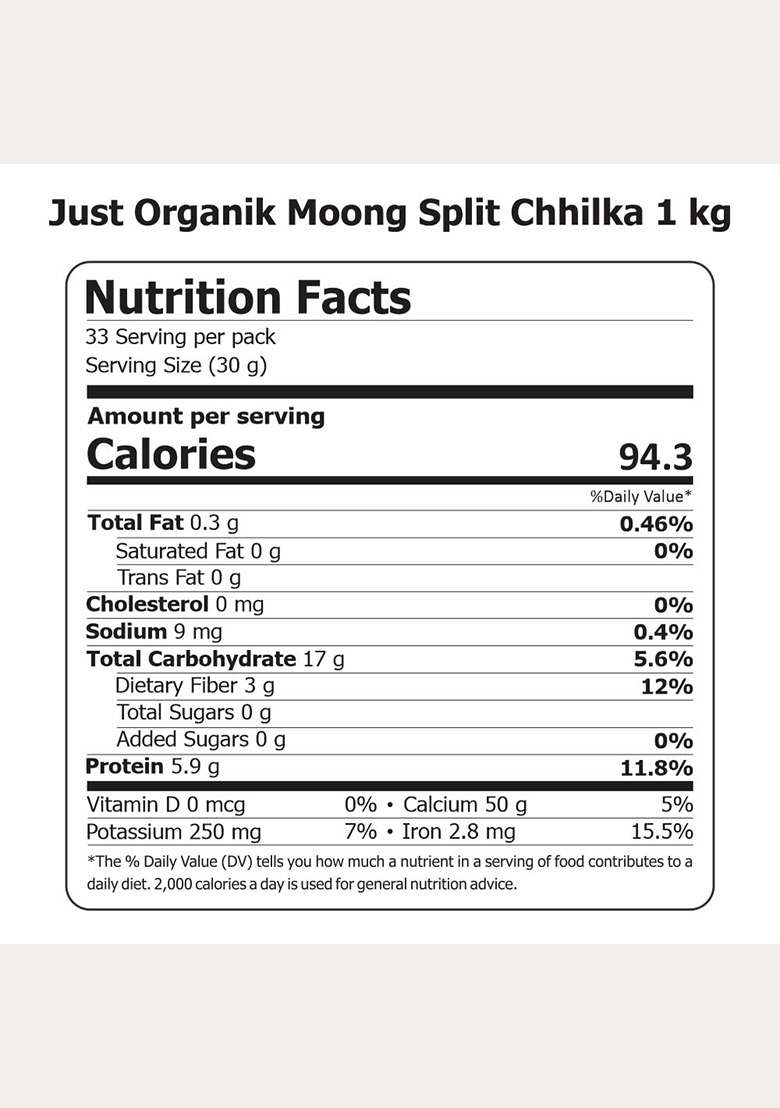 Just Organik - Organic Moong Split Chilka 1 Kg, 100% Organic | Moong Dal | Green Moong | Naturally Gluten Free | Rich In Protein | Hari Moong | Moon Chilka | Moong Dal Split - Indya