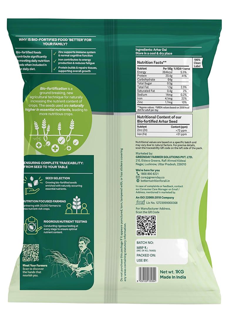 Better Nutrition Biofortified Unpolished Toor/Arhar Dal 1Kg | Naturally Rich In Protein | Rich In Fibre, Zinc & Iron | No Additives | Chemical-Free | Non-Gmo