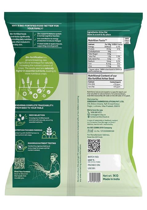 Better Nutrition Biofortified Unpolished Toor/Arhar Dal 1Kg | Naturally Rich In Protein | Rich In Fibre, Zinc & Iron | No Additives | Chemical-Free | Non-Gmo