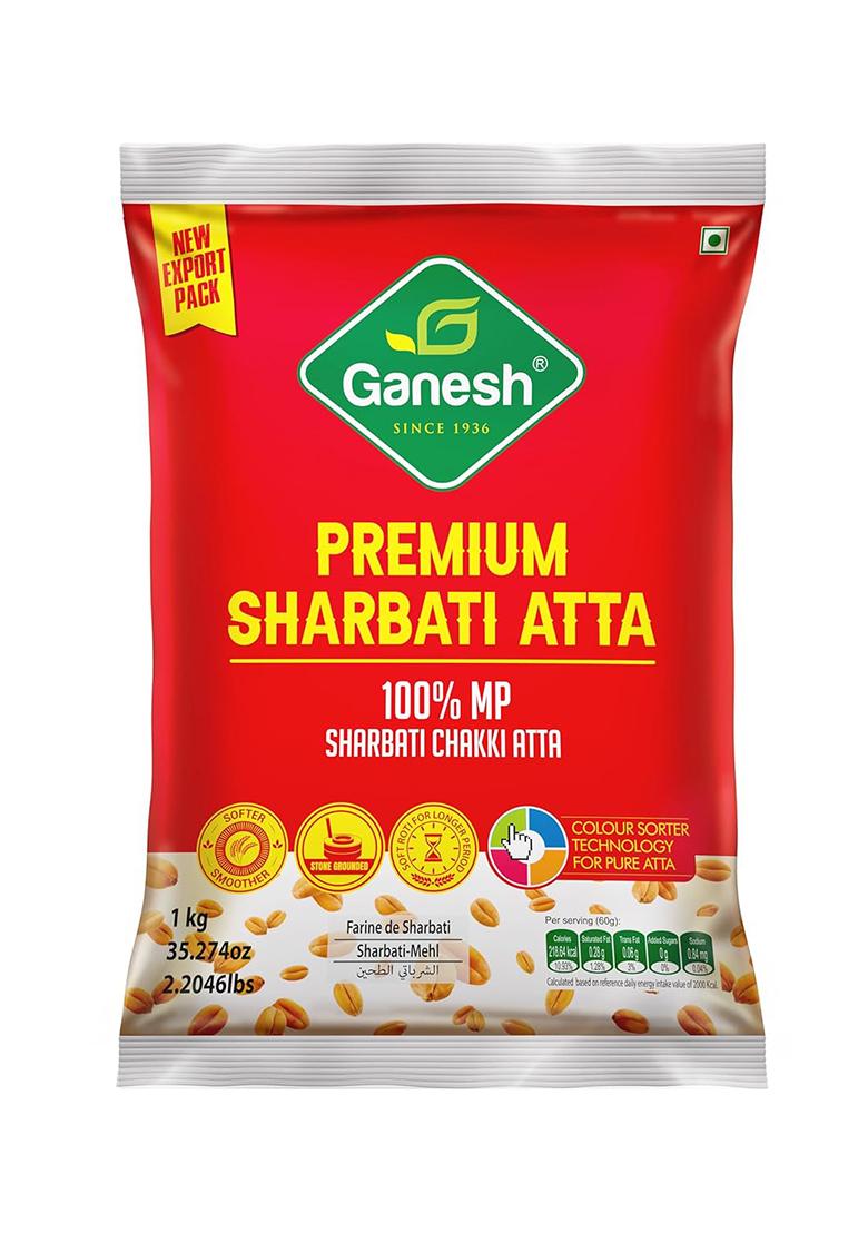 Ganesh Premium Sharbati Atta, 100% Mp Chakki Atta, Stone Ground Whole Wheat Flour, 1 Kg