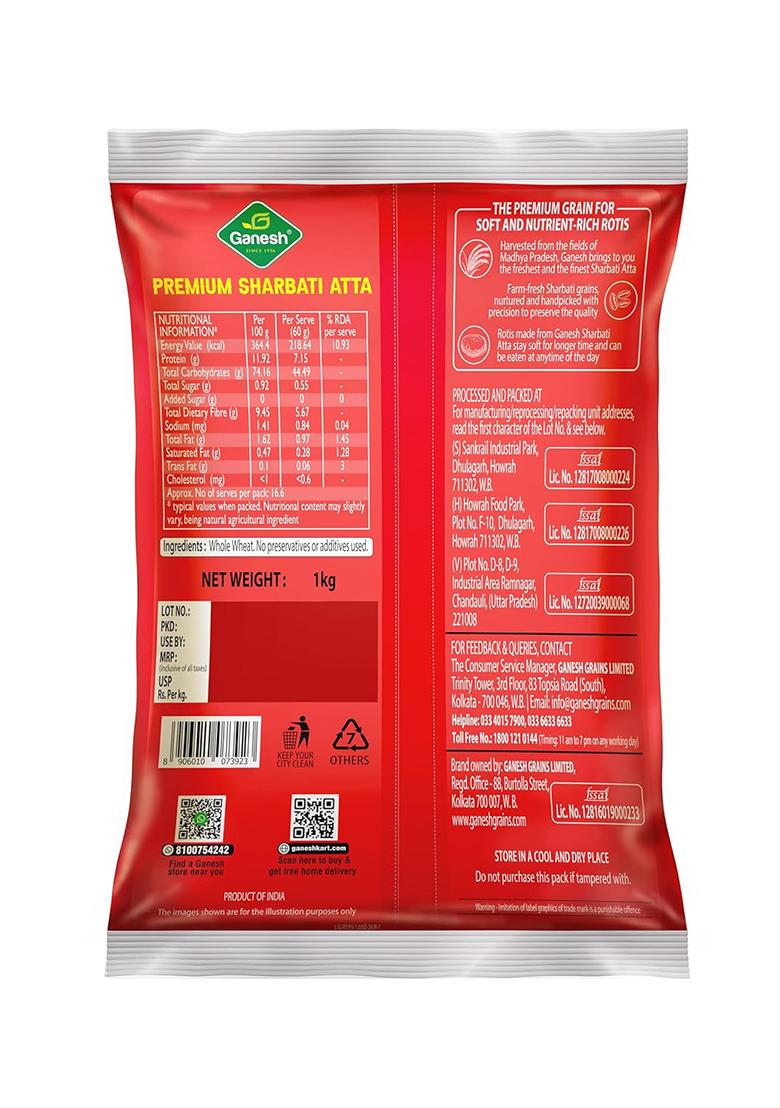 Ganesh Premium Sharbati Atta, 100% Mp Chakki Atta, Stone Ground Whole Wheat Flour, 1 Kg
