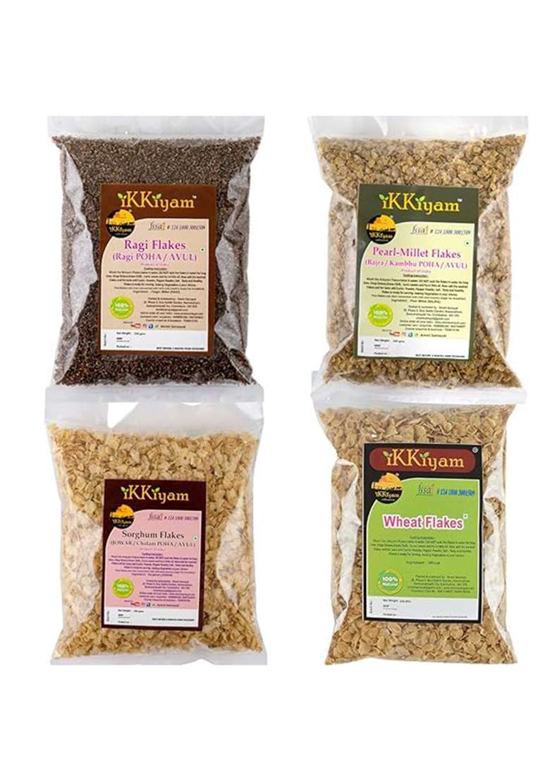 Ikkiyam Combo Of Bajra, Jowar, Wheat And Ragi Flakes (Poha) | Organic Finger Millet Ragi/Aval Puttu | Gluten Free High Fiber Wheat Flakes (Poha) | Miracle Millet Best For Weight Loss | Pack Of 4 | 250G Each - Ragi - Indya