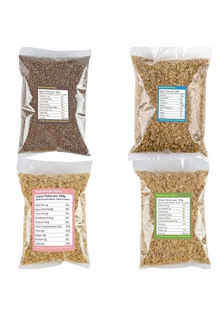 Ikkiyam Combo Of Bajra, Jowar, Wheat And Ragi Flakes (Poha) | Organic Finger Millet Ragi/Aval Puttu | Gluten Free High Fiber Wheat Flakes (Poha) | Miracle Millet Best For Weight Loss | Pack Of 4 | 250G Each - Ragi - Indya