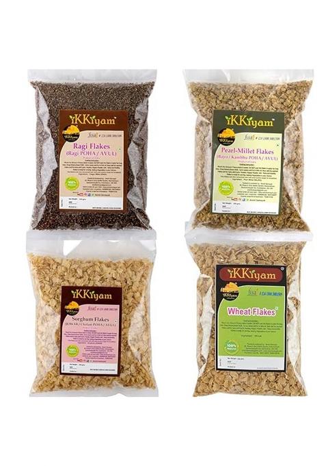 Ikkiyam Combo Of Bajra, Jowar, Wheat And Ragi Flakes (Poha) | Organic Finger Millet Ragi/Aval Puttu | Gluten Free High Fiber Wheat Flakes (Poha) | Miracle Millet Best For Weight Loss | Pack Of 4 | 250G Each - Ragi
