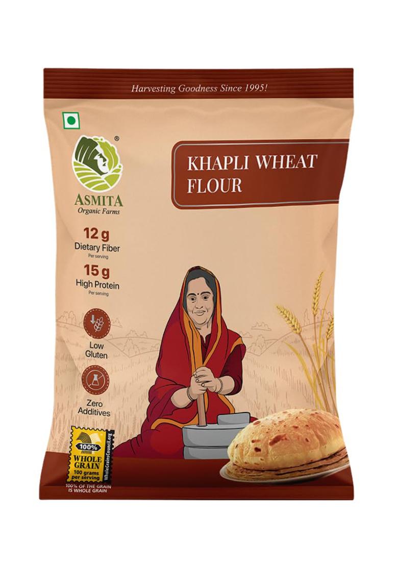 Asmita Organic Farms Khapli Wheat Flour 1Kg | Low Gi Emmer Wheat Atta | 100% Natural, High Fiber, Protein-Rich | Stoneground, Freshly Milled, Preservative-Free | Easy To Digest | Pack Of 1