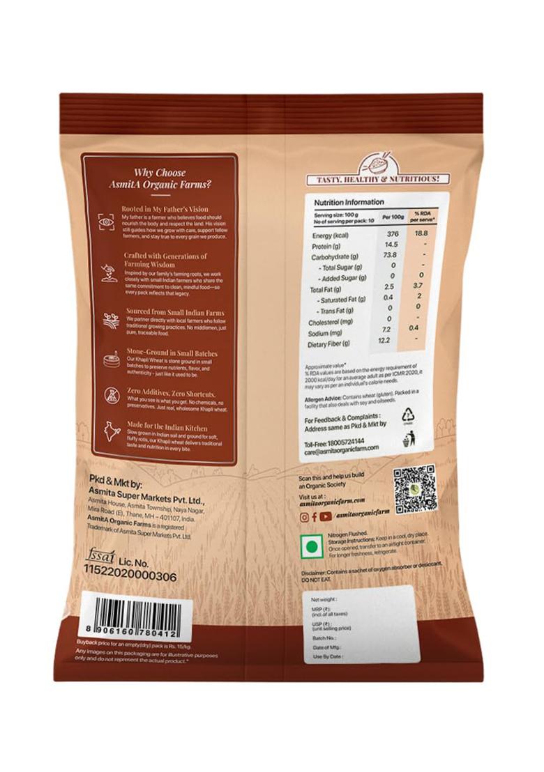 Asmita Organic Farms Khapli Wheat Flour 1Kg | Low Gi Emmer Wheat Atta | 100% Natural, High Fiber, Protein-Rich | Stoneground, Freshly Milled, Preservative-Free | Easy To Digest | Pack Of 1