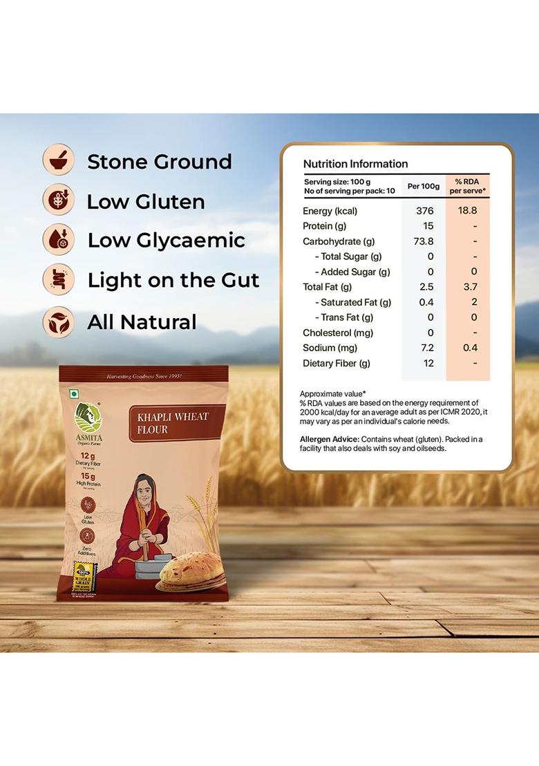 Asmita Organic Farms Khapli Wheat Flour 1Kg | Low Gi Emmer Wheat Atta | 100% Natural, High Fiber, Protein-Rich | Stoneground, Freshly Milled, Preservative-Free | Easy To Digest | Pack Of 1