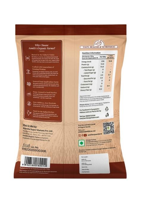 Asmita Organic Farms Khapli Wheat Flour 1Kg | Low Gi Emmer Wheat Atta | 100% Natural, High Fiber, Protein-Rich | Stoneground, Freshly Milled, Preservative-Free | Easy To Digest | Pack Of 1
