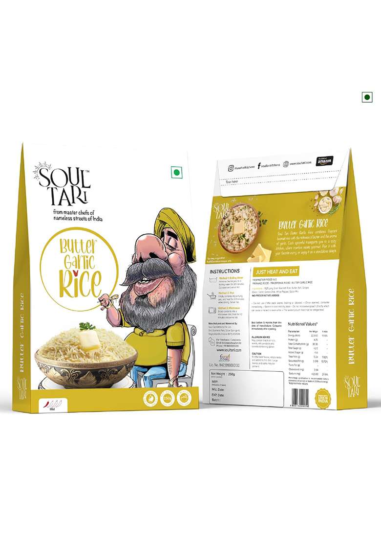 Soultari Ready To Eat Butter Garlic Rice | Fluffy White Basmati Rice Tempered With Garlic And Butter | Just Heat And Eat | 250 Gram | Pack Of 1 - Indya