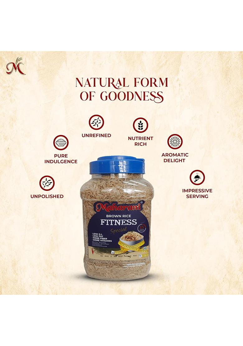 Maharani Brown Basmati Rice 2Kg (Pack Of 2, 1Kg Each) | Fitness Special (Full Grain) | High Fiber | Aromatic Whole Grain Rice | Naturally Low Gi | Perfect For Daily Fitness Meals