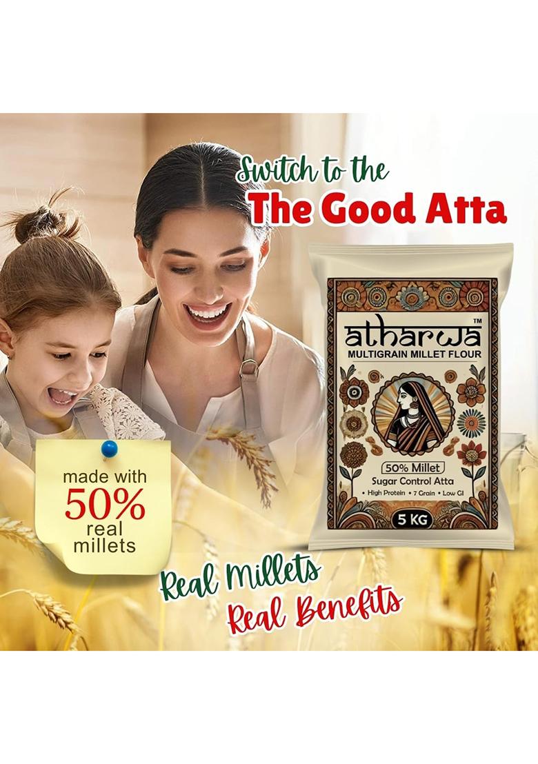 Atharwa Multigrain Millet Atta/Flour, 50% Millet, Sugar Control Atta, High Protein, 7 Grain, Low Gi, 1 Kg