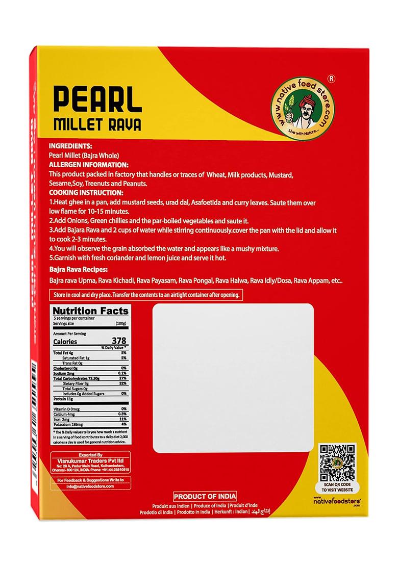 Nativefoodstore Kambu Pearl Millet Rava, 500G (Bajra/Sajjalu/Sajje/Kambam) | Healthy Breakfast | Gluten Free | Low Gi Breakfast Cereals | High Dietary Fibre | Rich In Calcium And Iron