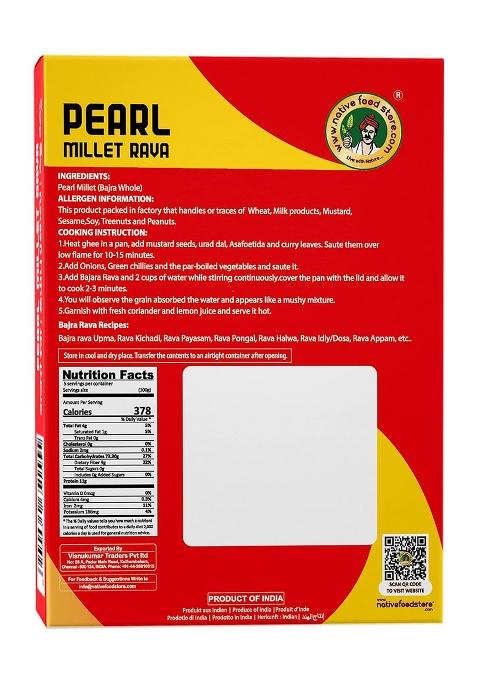 Nativefoodstore Kambu Pearl Millet Rava, 500G (Bajra/Sajjalu/Sajje/Kambam) | Healthy Breakfast | Gluten Free | Low Gi Breakfast Cereals | High Dietary Fibre | Rich In Calcium And Iron