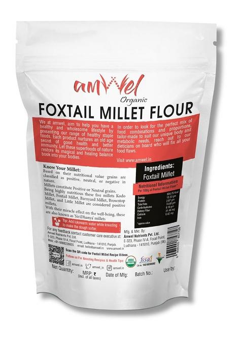 Amwel Organic Foxtail Millet Flour | 450G X 2 Pc | Kangni, Thinai, Kang, Rala Attta Millets Flour | Low Gi Gluten Free Diabetic Friendly Fiber Rich Food For Health & Weight Loss | Vaccum Packed