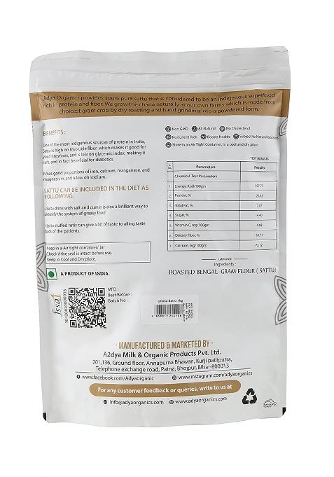Adya Organics Sattu Powder | Gluten Free Roasted Black Chana Flour | 100% Natural & Gluten Free Chana Sattu L Atta With High Fiber | Sattu Drink Powder 500Gm