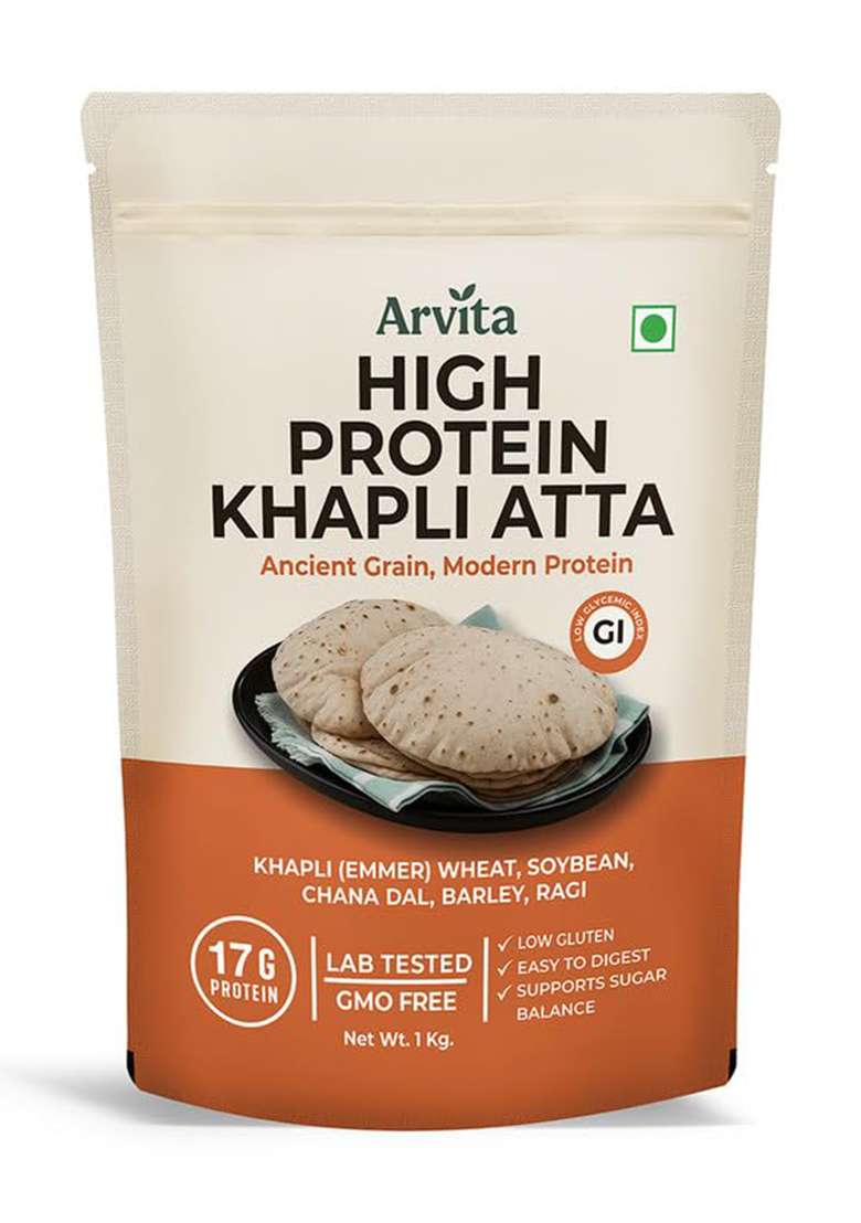 Arvita High Protein Khapli Atta - Ancient Emmer Wheat Flour | 17G Protein Per 100G | Low Gi, Diabetic Friendly & Easy To Digest | Healthy Atta For Health-Conscious Families | Lab Tested & Gmo Free | 1 Kg - Indya
