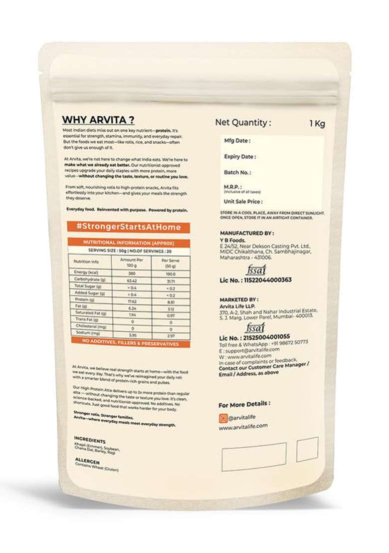 Arvita High Protein Khapli Atta - Ancient Emmer Wheat Flour | 17G Protein Per 100G | Low Gi, Diabetic Friendly & Easy To Digest | Healthy Atta For Health-Conscious Families | Lab Tested & Gmo Free | 1 Kg - Indya