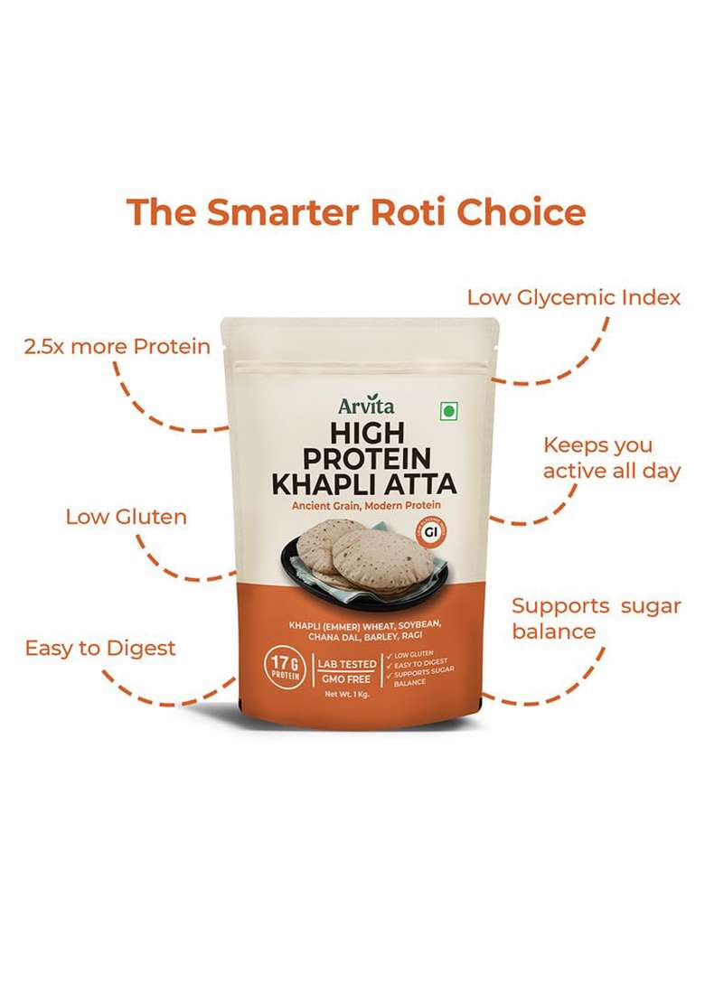 Arvita High Protein Khapli Atta - Ancient Emmer Wheat Flour | 17G Protein Per 100G | Low Gi, Diabetic Friendly & Easy To Digest | Healthy Atta For Health-Conscious Families | Lab Tested & Gmo Free | 1 Kg - Indya