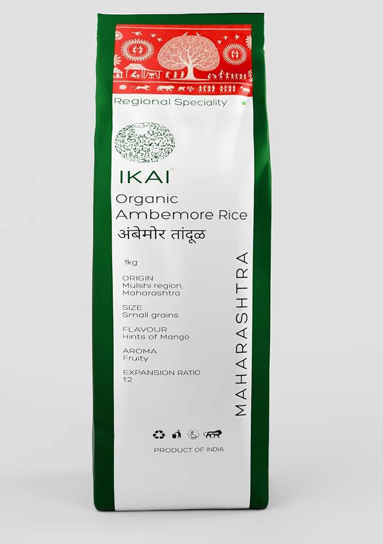 Ikai Organic Ambemore/Ambemohar Rice 1Kg | Premium Short Grain & Aromatic Rice | Soft, Fluffy Texture | Ideal For Everyday Meals, Pulao, Khichdi & Traditional Dishes - Indya