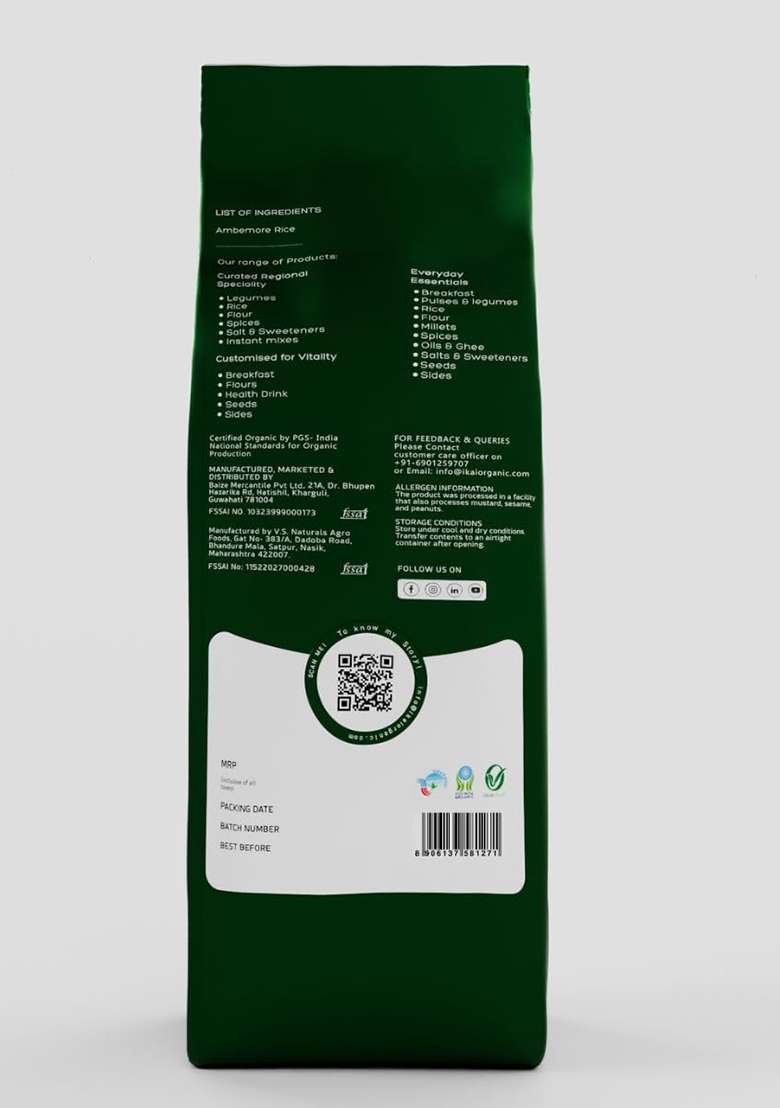 Ikai Organic Ambemore/Ambemohar Rice 1Kg | Premium Short Grain & Aromatic Rice | Soft, Fluffy Texture | Ideal For Everyday Meals, Pulao, Khichdi & Traditional Dishes - Indya