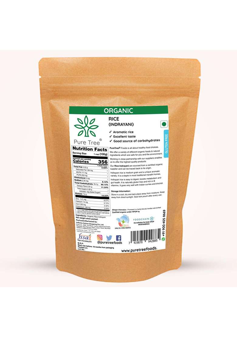 Pure Tree Certified Organic Indrayani Rice (White) | 850 G | Indrani Chawal | White Rice | Raw Rice Gluten Free Calorie - Indya