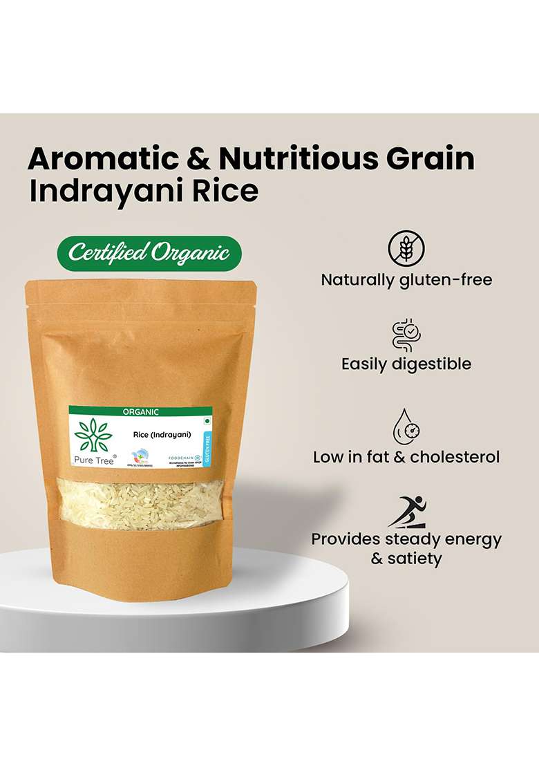 Pure Tree Certified Organic Indrayani Rice (White) | 850 G | Indrani Chawal | White Rice | Raw Rice Gluten Free Calorie - Indya