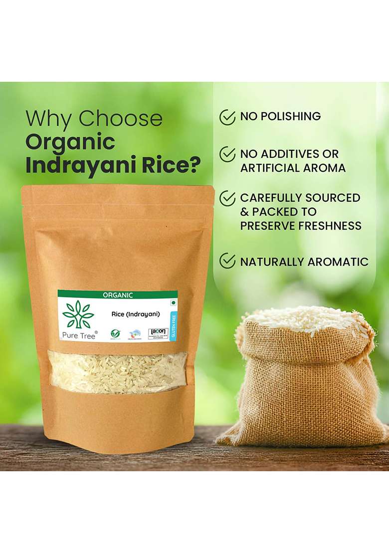 Pure Tree Certified Organic Indrayani Rice (White) | 850 G | Indrani Chawal | White Rice | Raw Rice Gluten Free Calorie - Indya