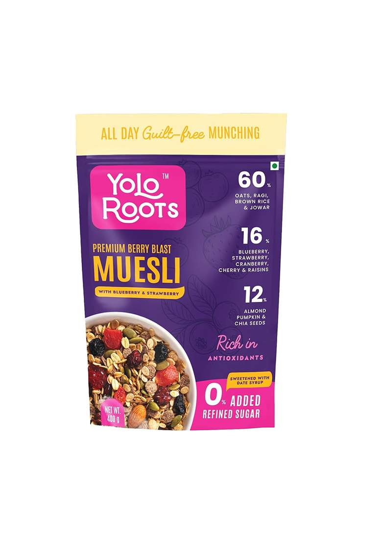 Yolo Roots Berry Blast Muesli 400Gm | Blueberry, Strawberry, Cranberry & Cherry | Mixed With Nuts, Seeds & Whole Grains Sweetened With Date Syrup | Healthy Breakfast Cereal - Indya