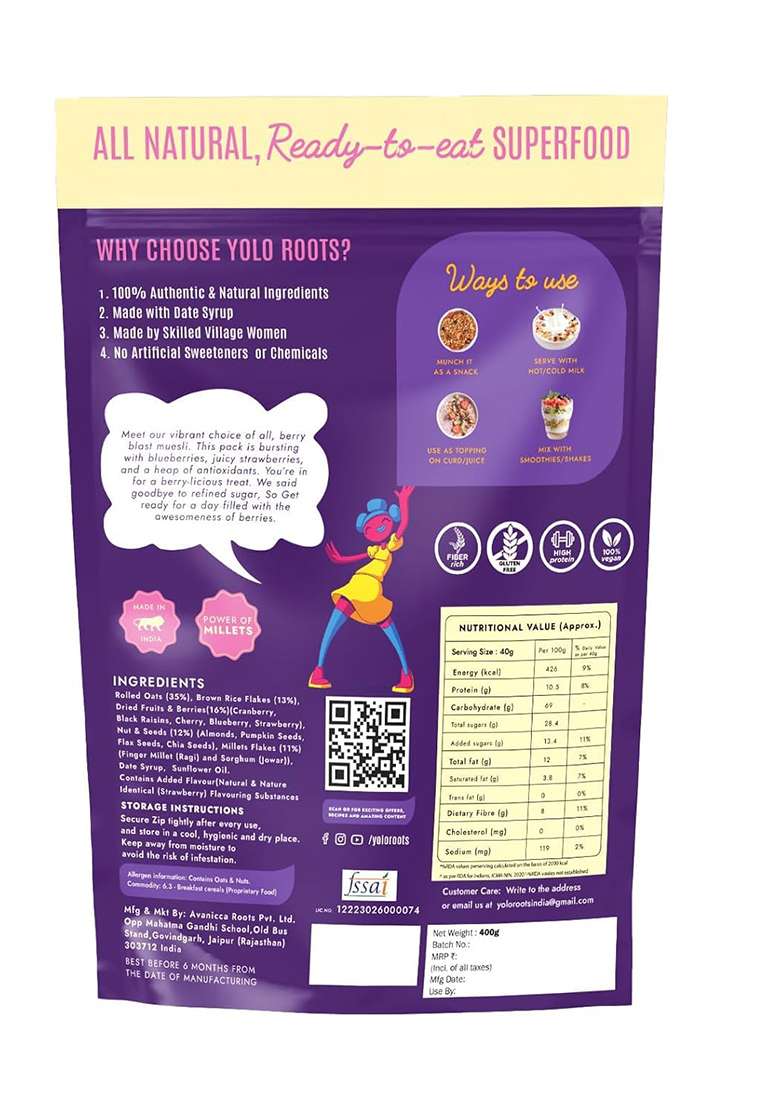 Yolo Roots Berry Blast Muesli 400Gm | Blueberry, Strawberry, Cranberry & Cherry | Mixed With Nuts, Seeds & Whole Grains Sweetened With Date Syrup | Healthy Breakfast Cereal - Indya