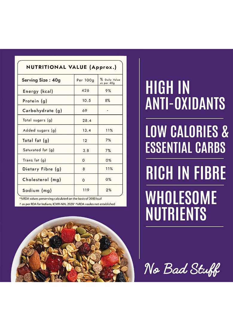 Yolo Roots Berry Blast Muesli 400Gm | Blueberry, Strawberry, Cranberry & Cherry | Mixed With Nuts, Seeds & Whole Grains Sweetened With Date Syrup | Healthy Breakfast Cereal - Indya