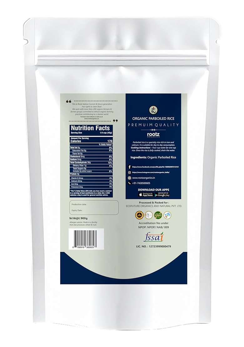 Rootz Organics Parboiled Minikit Rice | Ideal For Everyday Cooking | Soft Texture, Great Taste | Perfect For Home-Cooked Meals (1.8Kg) | Low Gi | Diabetic Friendly - Indya