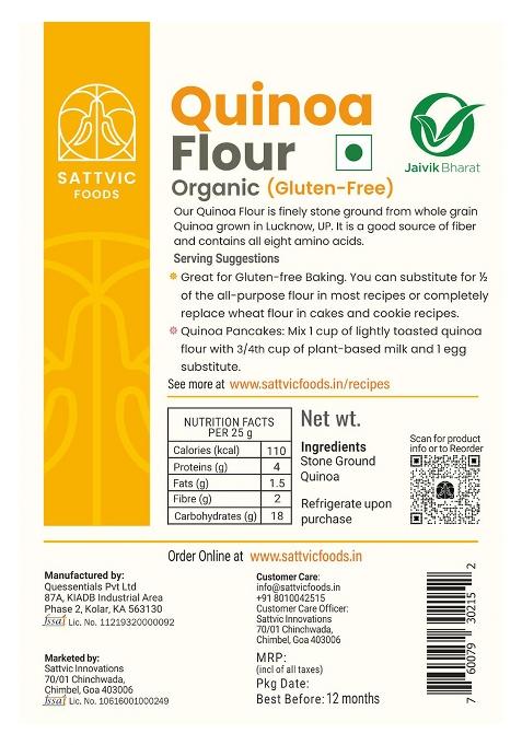Sattvic Foods Quinoa Flour (250 G) | Certified Organic, Stone Ground, Gluten-Free & Triple-Washed Quinoa | Complete Protein With 9 Essential Amino Acids | Ideal For Parathas, Baking, Pancakes