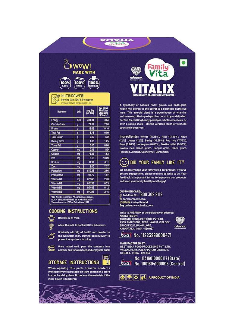 Arbanox Family Vita Vitalix Instant Multi Grain Health Mix Powder|17 Powerful Wellness Ingredients| Trusted By Millions|100% Natural| No Preservatives Or Added Sugar| Convenient & Nutritious| 300Gm - Indya