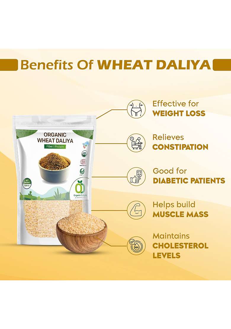 Organic Delight Wheat Daliya Dalia Rich In Fibre 1 Kg 100 Thuli Multigrain | Crushed Healthy Breakfast Easy To Digest Usda Certified - Indya