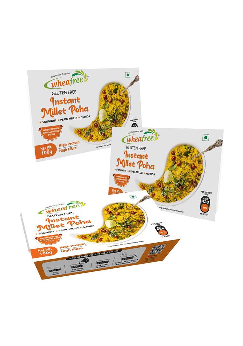 Wheafree Gluten Free Instant Ready To Eat Millet Poha Mix | High Protein And Fibre Breakfast | Readymade Snack In 2 Mins | Pack Of 3-125G Each - Indya