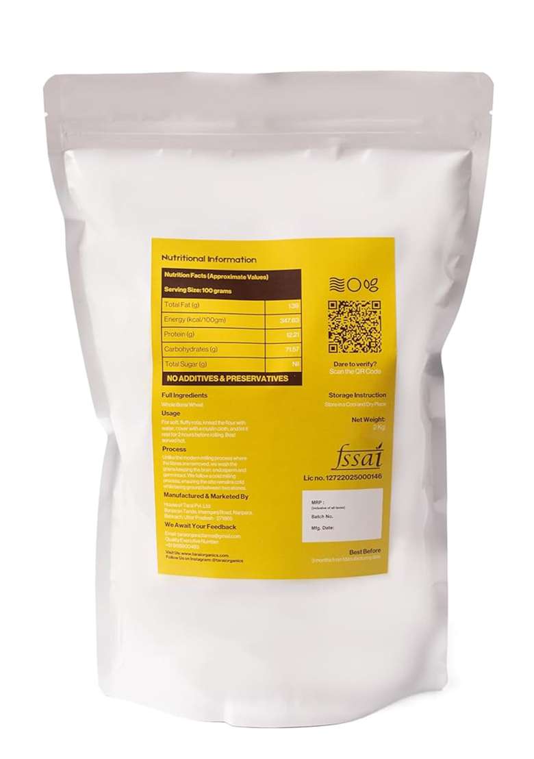 Tarai Organic Farms | Bansi Whole Wheat Flour (2Kg) | Stoneground | Cold Milled | Naturally Grown | Additives/Preservatives Free - Indya