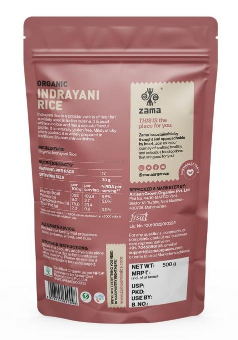 Zama Organics Indrayani Rice 500G Pack Of 2 | | Premium, Aromatic Grain | Gluten-Free, Easy To Digest | Rich In Nutrients | Ideal For Traditional Dishes | Grown By Farmers In Maharashtra