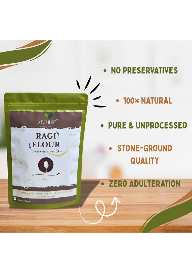 Arrinie Premium Ragi Flour (450G) | 100% Natural & Gluten-Free | Stone-Grounded Nachni Atta | Rich In Calcium, Iron & Fiber