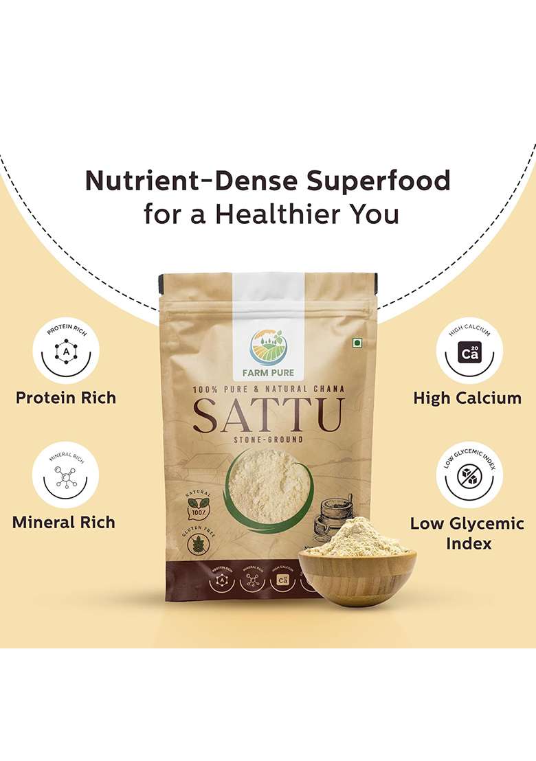 Farm Pure Roasted Chana Sattu Powder 450G X 1 Pack Natural High Protein Sattu Powder Organic For Drinking Glutenfree Energy Digestion Superfood - Indya