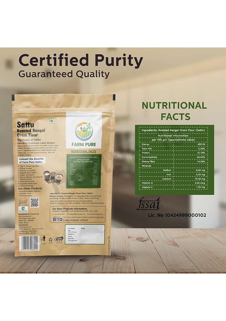Farm Pure Roasted Chana Sattu Powder 450G X 1 Pack Natural High Protein Sattu Powder Organic For Drinking Glutenfree Energy Digestion Superfood - Indya