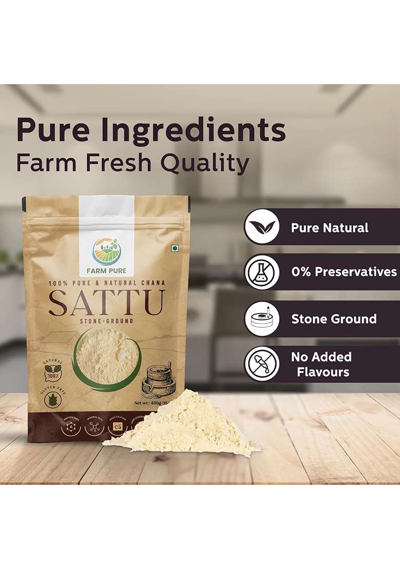 Farm Pure Roasted Chana Sattu Powder 450G X 1 Pack Natural High Protein Sattu Powder Organic For Drinking Glutenfree Energy Digestion Superfood - Indya