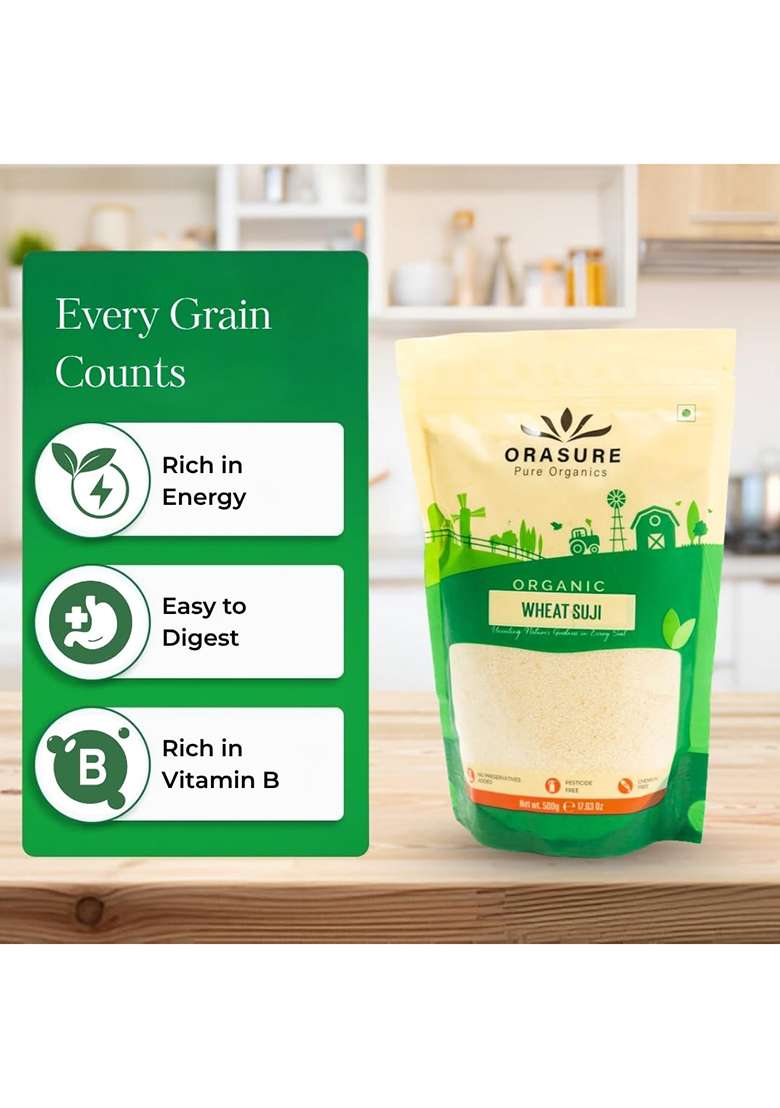 Orasure Organic Wheat Suji - 500G (Pack Of 1) | High Fibre | Natural And Organic Suji | Purity In Every Spoon | Fine And Heart Healthy - Indya