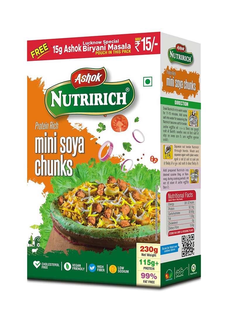 Ashok Nutririch Mini Soya Chunks With Biryani Masala 115 Grams+Protein | 99% Fat Free |Cholesterol Free | Vegan Friendly | High Fiber (Mini Soya Chunks With Biryani Masala Pack Of 1) - Indya
