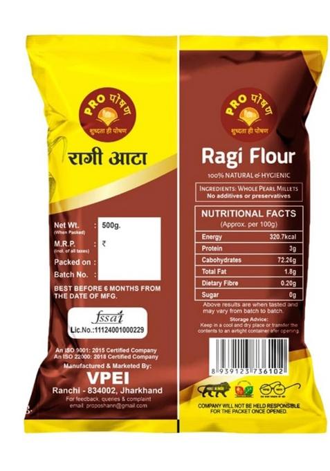 Pro Poshan Ragi Flour 500 Gm Pack Of 2 | 100% Pure & Natural | High In Fibre & Protein | Gluten-Free | Rich In Calcium & Iron