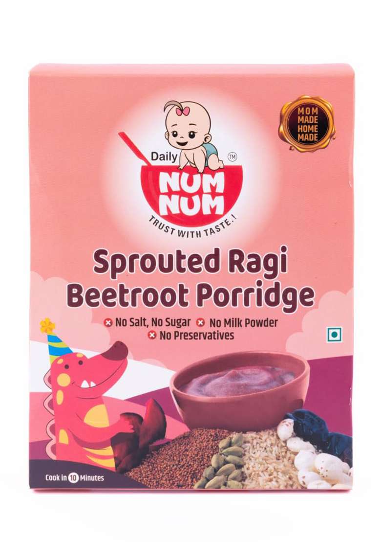 Daily Num Num Organic Sprouted Ragi Beetroot Porridge | No Salt, No Sugar Ragi Cereals | Sprouted Healthy Beetroot Baby Food Cereal | No Milk Powder | 200G Pack - Indya