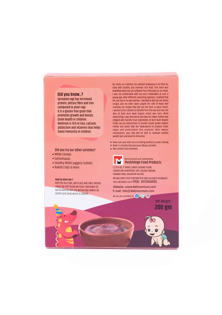 Daily Num Num Organic Sprouted Ragi Beetroot Porridge | No Salt, No Sugar Ragi Cereals | Sprouted Healthy Beetroot Baby Food Cereal | No Milk Powder | 200G Pack - Indya