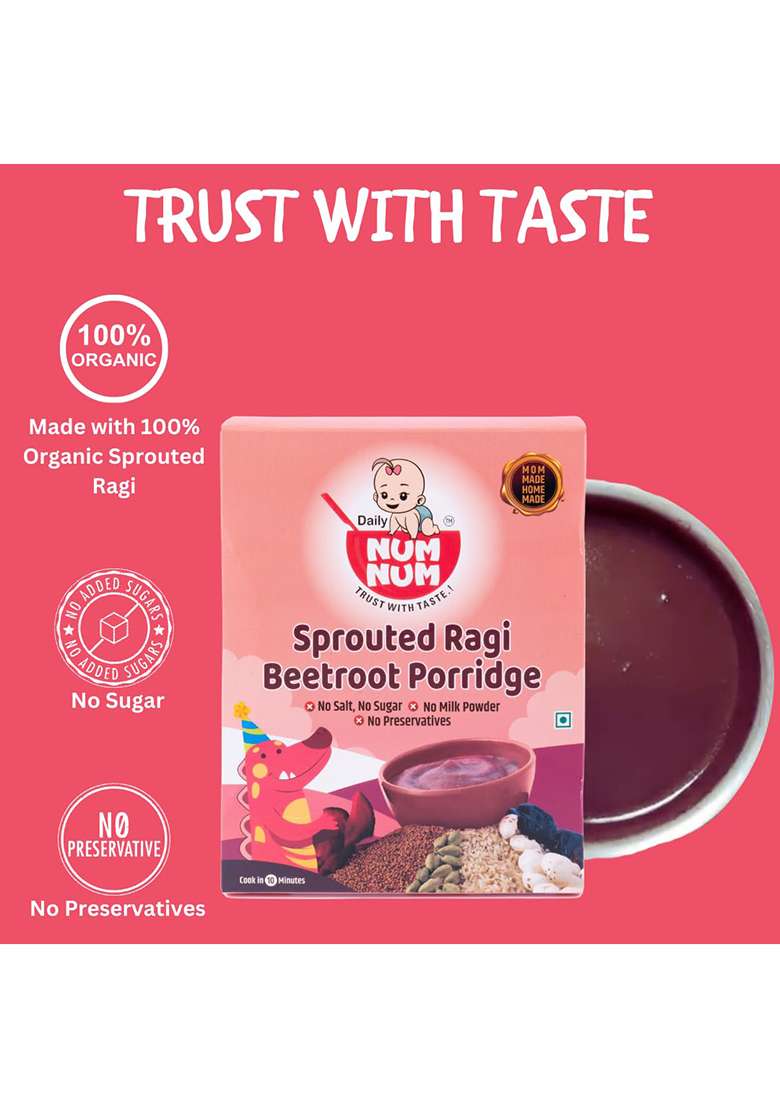 Daily Num Num Organic Sprouted Ragi Beetroot Porridge | No Salt, No Sugar Ragi Cereals | Sprouted Healthy Beetroot Baby Food Cereal | No Milk Powder | 200G Pack - Indya
